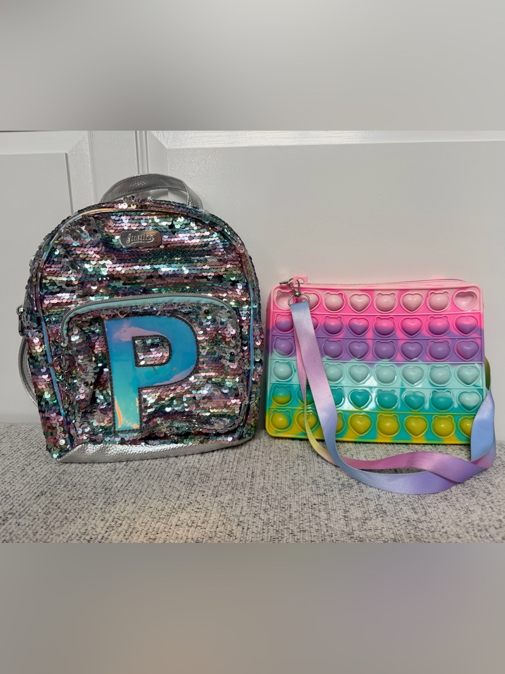Justice Sequin Mini Backpack and Rainbow Pop-It Purse